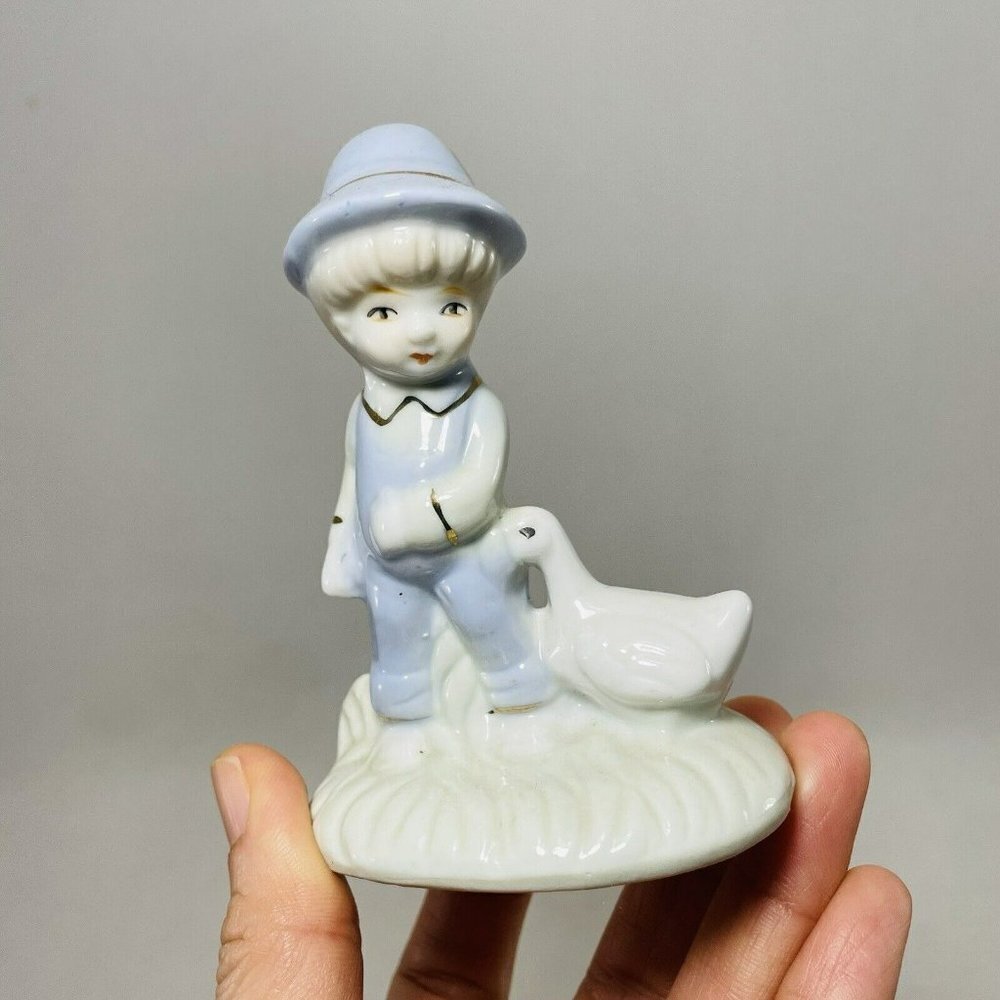 Crown Mark Farmer Boy Figurine Blue Outfit Duck Goose Country Farmhouse Easter